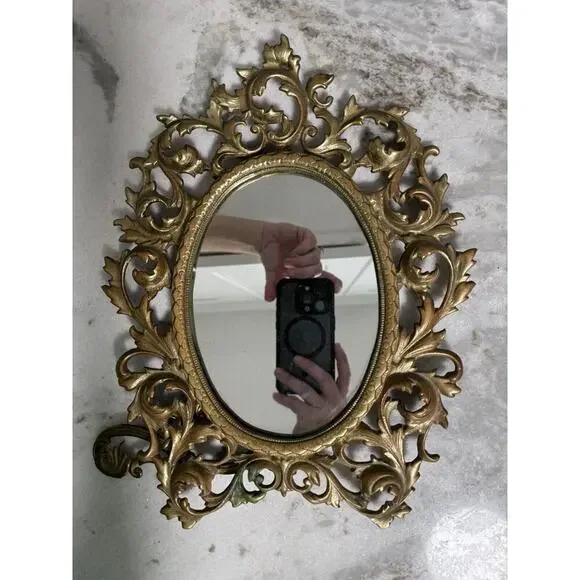 Antique Victorian Heavy Brass Art Nouveau Oval Self Standing Glass Mirror